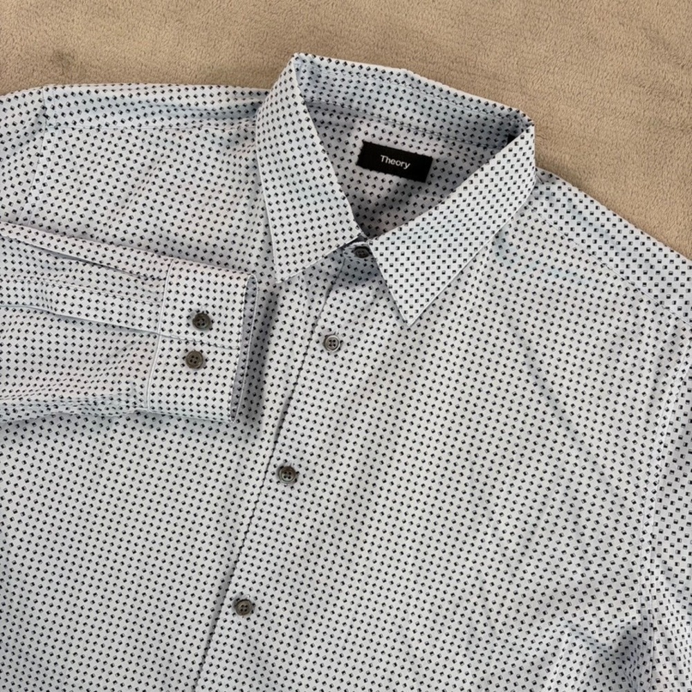 Theory Irving Geo Print Stretch Button-Up Shirt in Blue Men Large NWOT $195